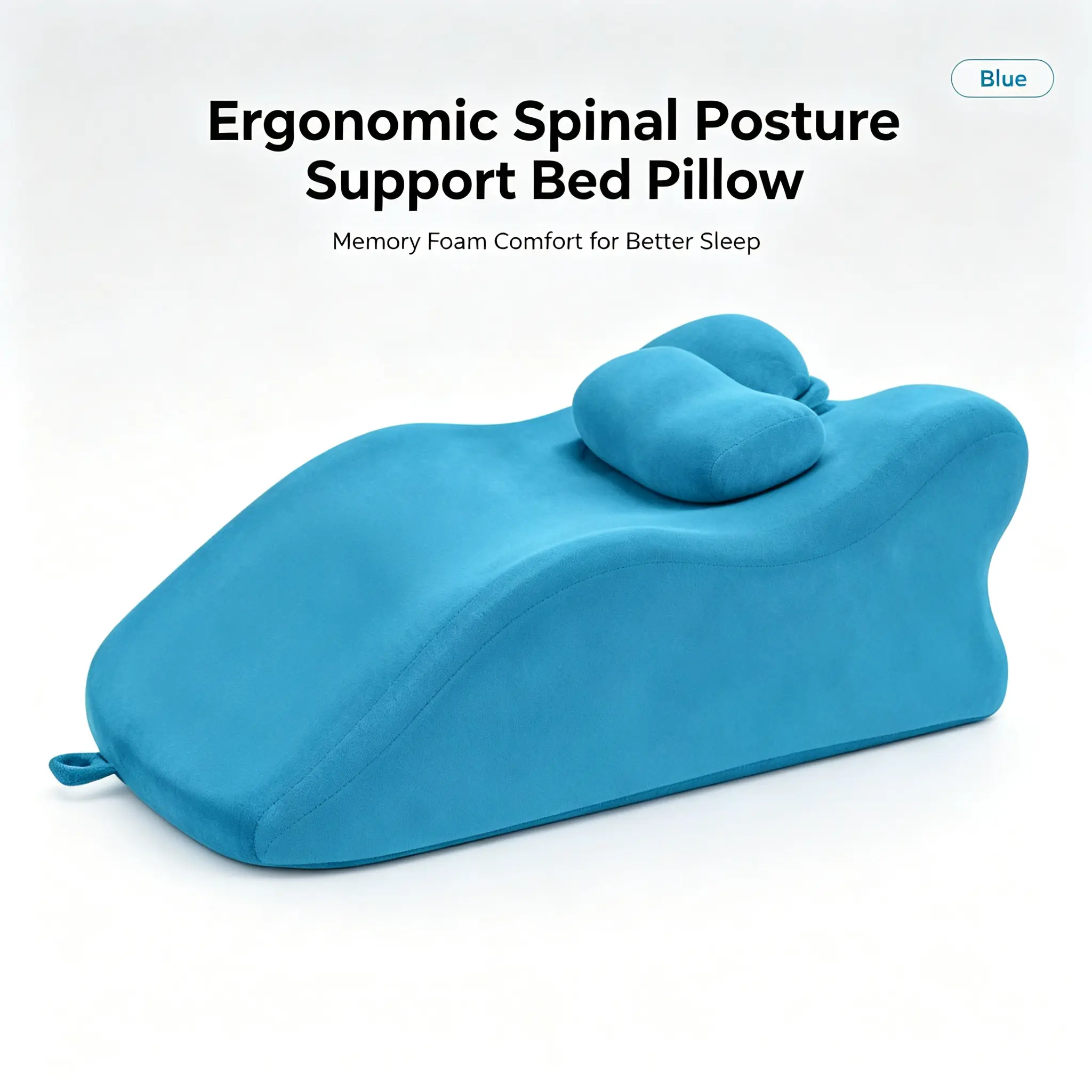 Ergonomic Spinal Posture Support Reading Bed Pillow - Blue Memory Foam, Removable Cover, 23.6x14.1x9in