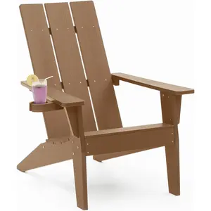 Modern Adirondack Chair, Weather-Resistant Oversized Plastic Adirondack Chair with Cup Holder, Durable Outdoor Fire Pit Chair for Patio, Lawn, Garden, Firepit Area Seating, Teak