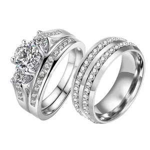 Ringcrown Couple Rings Matching Ring Three stone Round Cut 1ct CZ White Gold Plated Women Wedding Ring Sets For Him And Her Ring Sets Men Titanium Steel Wedding Band
