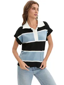 ATHLECHIC Women's Striped Sweater Vest Cap Sleeve Button Down Polo Sweater V Neck Pullover Tops Loose Color Block Knit Tops