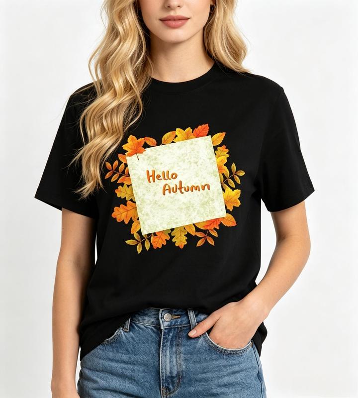Women's Fitted Graphic Tee - Black, Short Sleeve, Comfortable Breathable Boho Cute Casual Fall Leaf Print Top #sohochic