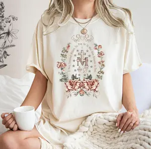 Marian Catholic T-Shirt, Mary T-shirt, Catholic Gifts For Women, Catholic T-shirt, Marian Cross Shirt, Floral Women Religious Shirts