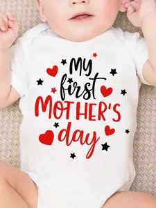 My First Mother's Day Baby Bodysuit Cute Heart Star Graphic Onesie for Newborn, Short Sleeves, Letter Print Baby Clothes Girl