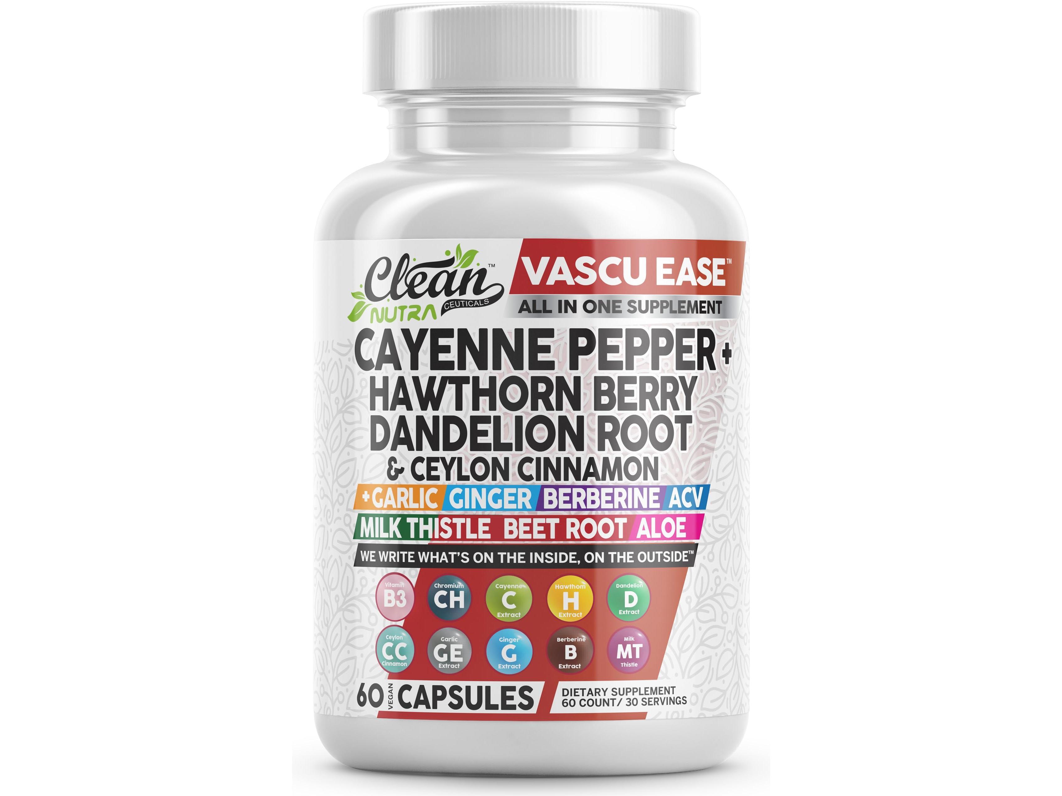 Clean Nutra Cayenne Pepper, Hawthorn Berry, Dandelion Root, Ceylon Cinnamon, Garlic, Ginger, Berberine, ACV, Milk Thistle & More for Wellness Capsules – Vascu Ease