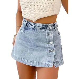Denim Skort for Women Trendy Slit Mini Denim Skirt with Shorts High Waisted Stretchy Jean Skirt for Casual Summer Wear