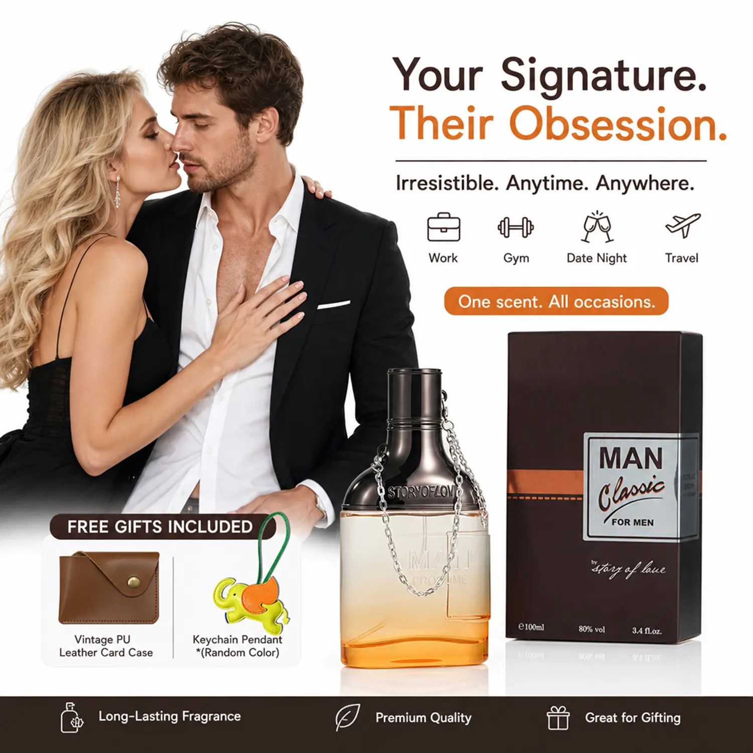 Men's Pheromone Cologne, long-lasting warm sandalwood & cedar scent with fruity notes. Pheromones make her captivate you, create a captivating night. Perfect for Christmas & Anniversary. Includes a leather card holder and keychain. 100ml/3.4fl.oz.