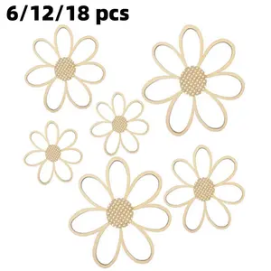 6/12/18 pieces of wooden daisy Autoadhesivo wall decoration, home bedroom bathroom decoration, home gift (wood color)