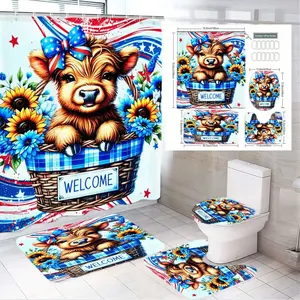 4pcs Whimsical Cow-Themed Bathroom Set, Patriotic & Blue Shower Curtain, Cute Calf Design, Matched Bath Mat, Toilet Seat Cover, Rug The floor mat fabric is thicker and softer!