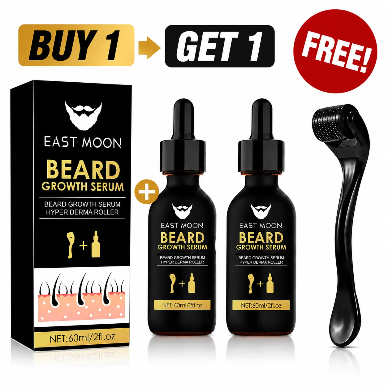 Buy 1 Get 1 Free Beard Care Oil, Beard Growth Serum with Derma Roller, Moisturizing Beard Essential Oil for Men, Nourishing Beard Care for Softer Fuller Looking Beard