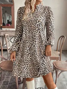 A women's light camel-colored leopard-print stand-up collar puff-sleeve casual dress, suitable for office wear, shopping, and indoor/outdoor outings, Long Sleeve