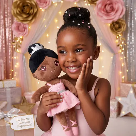 Gloveleya Curly Plush Doll - Curly Hair Glitter Black Purple Ballet Girl Baby Doll for Girls, Leopard Dress, Fabric, Featherlight Fun, Child-Friendly Size, Safety-Assured Companion Toy, Ideal 1st Birthday Gift, Nursery Decor Keepsake, 0 Years Above
