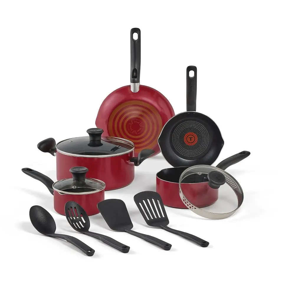 T-Fal 12pc Simply Cook Nonstick Cookware Set Red: Aluminum Ergonomic Handles Tempered Glass Lids Oven-Safe to 350°F