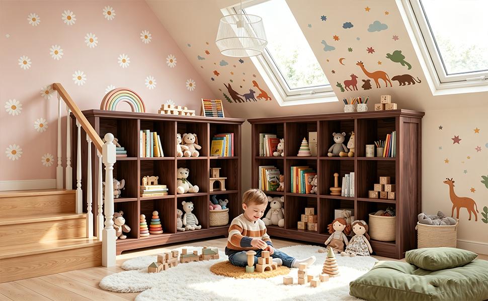 Wooden 12-Cube Storage Organizer with Power Outlets, Modern Cube Bookcase with Base, 4-Tier Floor Standing Open Cubbies Bookshelf for Home and Office