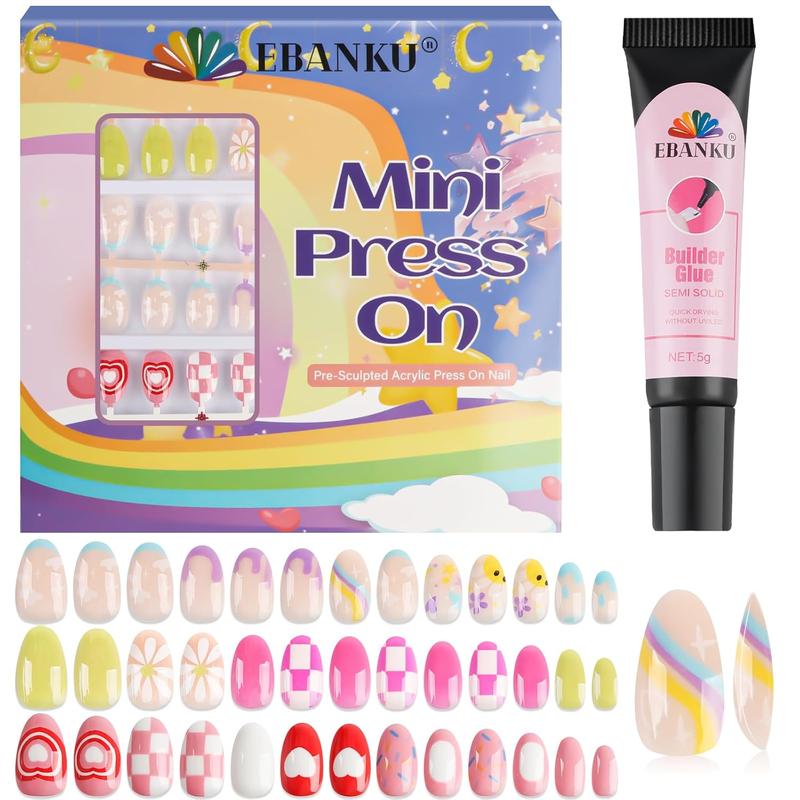 EBANKU Press on Nails Kit for Kids,Includes 144、130、78、24 Pieces Per Pack,Colorful Flower Almond Fake Nail Tips for Girls, Kid Fake Nail Kit for Girls 8-12 Years Old with Jelly Nail Adhesives Valentine Nails Kit and Birthday Gifts Holiday Haul Diy