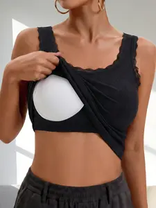 1PCS Women's Lace Tank Top with Padded Bra, Soft and Comfortable Casual Fashion, Ribbed Edge Lace Straps, Fitted Solid Style