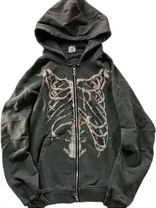 Gothic Ribcage Skeleton Print Zip-Up Hoodie, Vintage Washed Y2K Oversized Grunge Streetwear Alt Style Hooded Jacket for Women, Long Sleeve Casual All-Season Coat