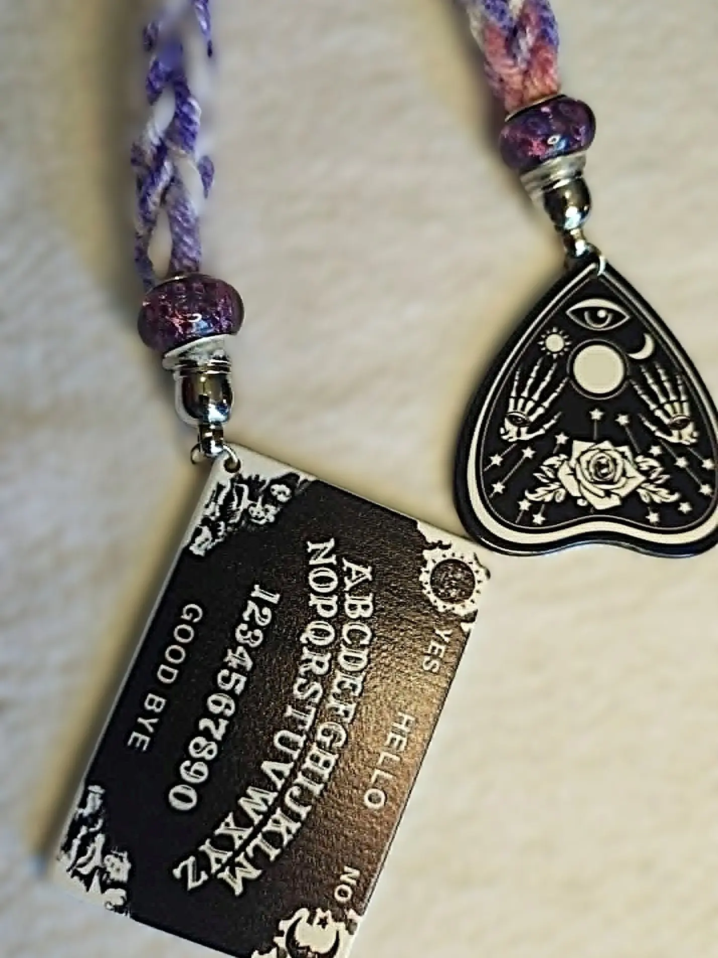 Handmade Keychain Ouija Board & Planchette Charms Purple Crystal Beads Spool-Knitted Purple White Color-Changing Cotton Cord | Witchy Gothic Spirit Board Bag Charm