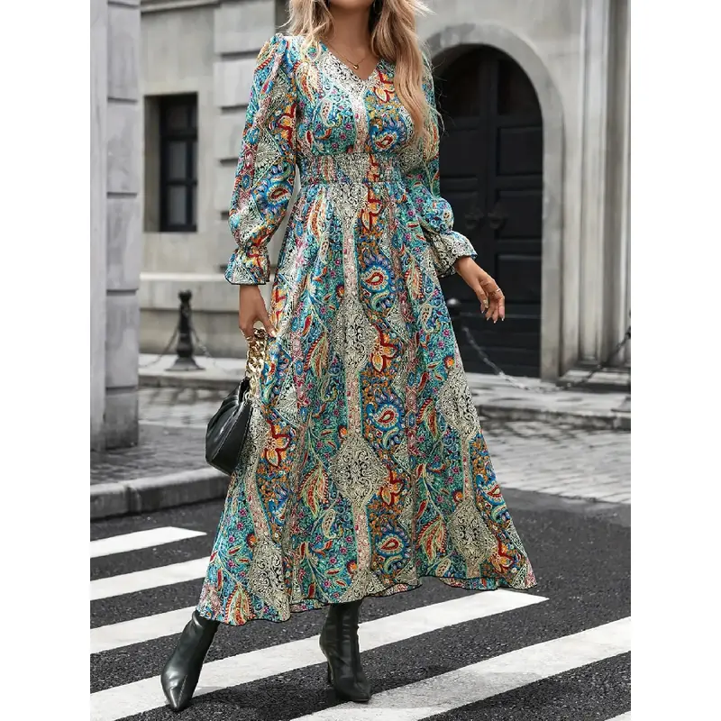 green emerald velvet dress Tassel Tie Neck Boho Print Dress for Women Above Knee Length – Anna-Kaci main image 0