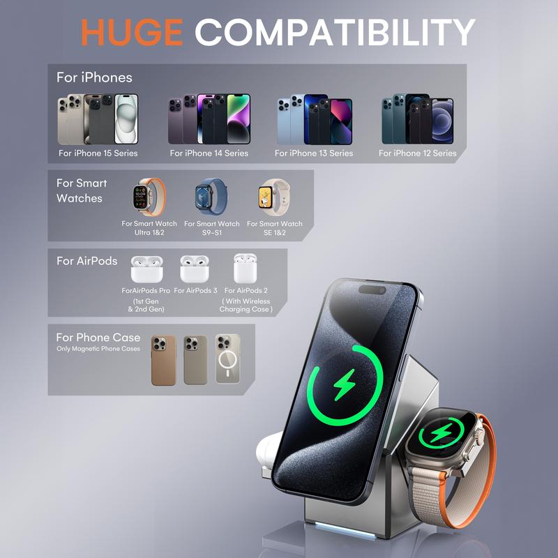 YWZ 3 in 1 Wireless Charger Fast Charging Qi2 Certified for iPhone iWatch AirPods Magnetic Automatic Rotation Touch Pop-Up Charging Station Easy Carry