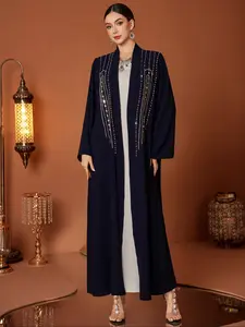 Deep Blue Beaded Abaya Robe, Arabic Style Long Coat, Silver Color Rice Pearls and Pearl Decoration, Elegant Women's Outerwear, Islamic Abaya