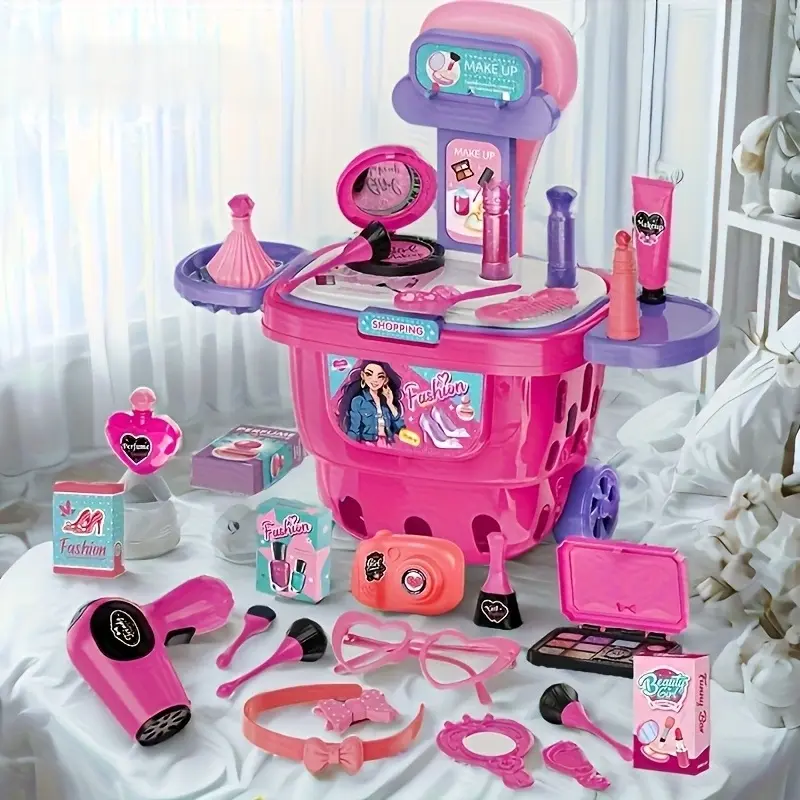 Kids Pretend Play Makeup Vanity Set - Pull-Along Suitcase Luggage Toy with Cosmetic Accessories, Miniature Vanity Set for Girls Ages 3-7 Dress-Up Role-Play