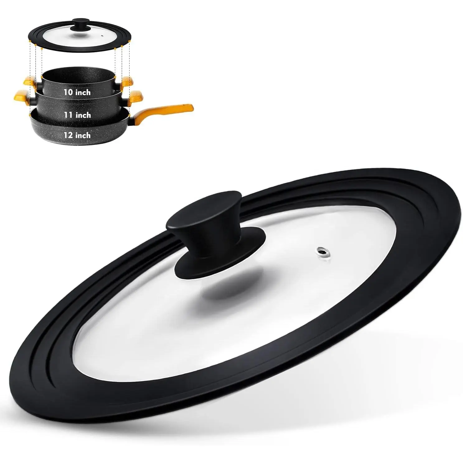 Universal Lid for Pots, Pans and Skillets, Pot Lid With Heat Resistant Silicone Rim and Tempered Glass,Fits 10", 11", 12" Diameter Pots and Pans