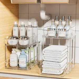 2 Sets of 2-Tier Clear Under Sink Organizers and Storage, Multi-Purpose Stackable Bathroom Cabinet organizers