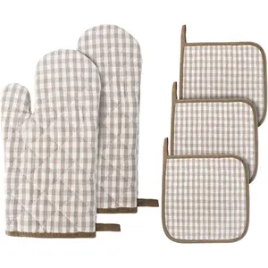 Oven Mitts and Pot Holders, 5 pcs Heat Resistant Cotton Vintage Gingham Oven Mitts and Potholders Hot Pads Mats Coasters Set for Cooking Baking (Light Brown Set)