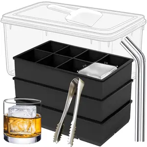 Silicone Ice Cube Trays 3Packs with Bin Scoop Tongs & 2 SS Straws, Easy Release Stackable Jumbo Ice Maker for Whiskey Cocktails Coffee, BPA-Free