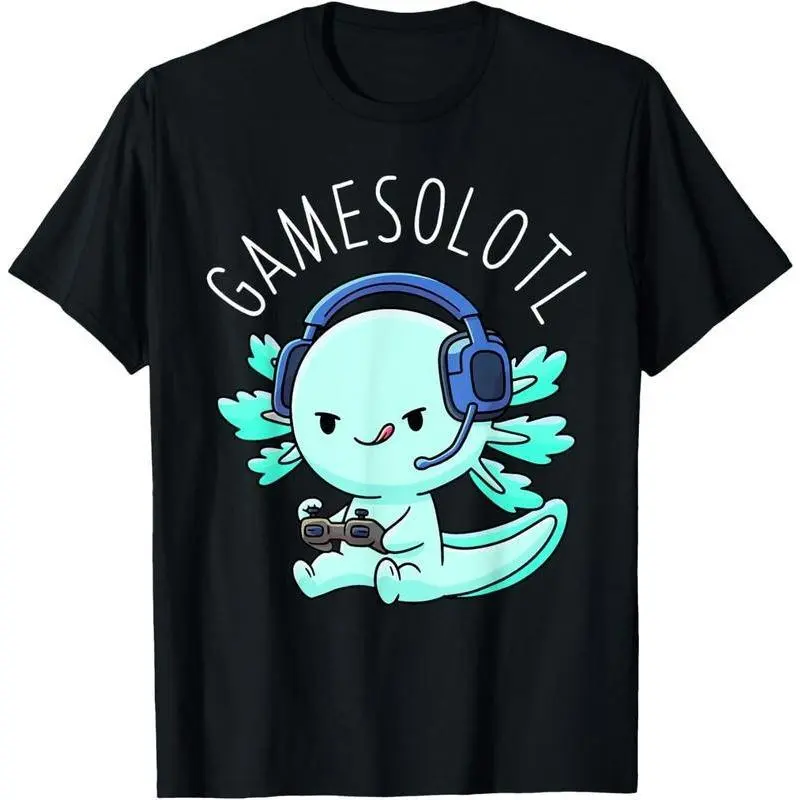 Gamesolotl Axolotl Gamer T-Shirt, Unisex Short Sleeve 100% Cotton Crew Neck Top, Kawaii Anime Video Game Graphic, Machine Wash, All Seasons, Regular, S, Unisex Cut, Shortsleeve, Casual, Menswear