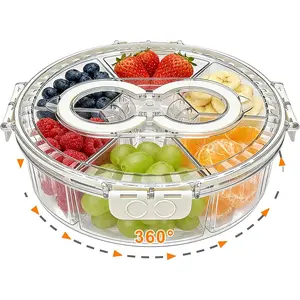 Rotating Divided Serving Tray with Lid & Handle, 6 Compartment Snack Box Container,Portable Snack Organizer for Fruits, Candy, Veggies – Ideal for Kitchen, Party, Travel, Picnic (1 Pack)