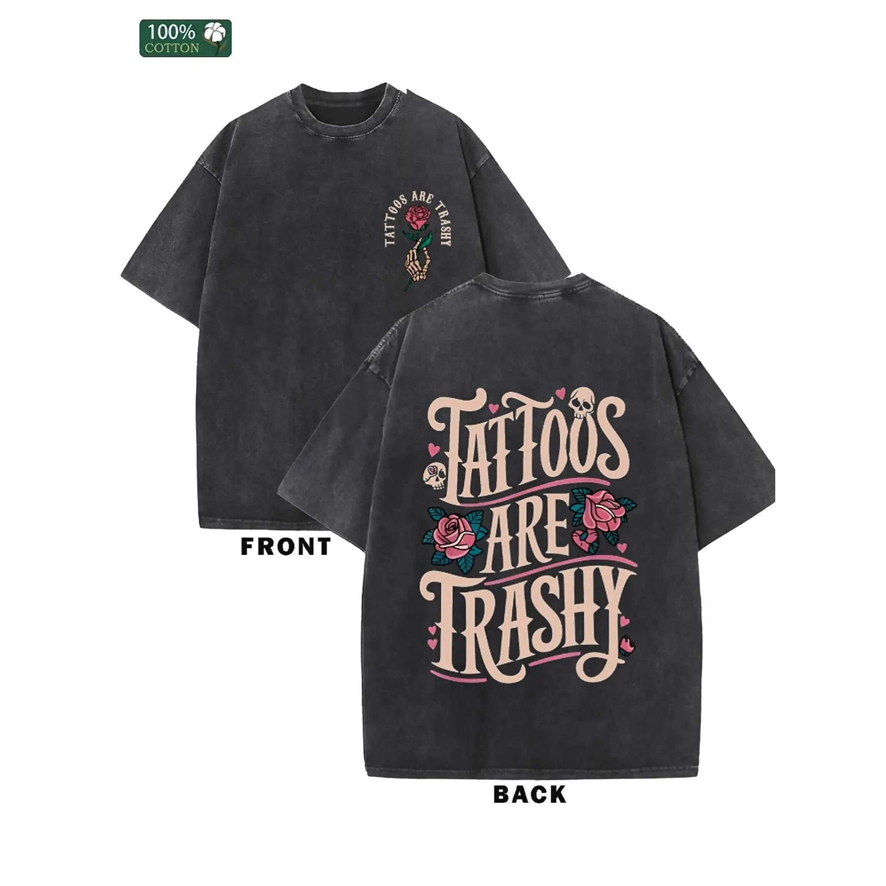 Washed T-Shirt Loose Casual Vintage Men'S T-Shirt Double-Sided Printing Tattoos Are Trashy Pattern Old T-Shirt, Suitable For Gift, Daily Casual And Street Streetwear Crewneck