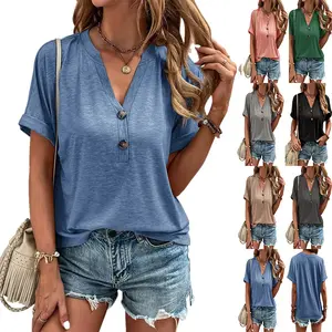 Womens Oversized V Neck T Shirts Summer Casual Short Sleeve Button Tops Slouchy Cotton Basic Tees, Tunic, Fabric