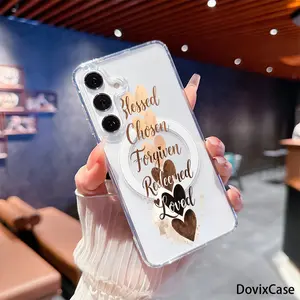 Blessed Chosen Forgiven Redeemed Loved Hearts Script HD Clear Shockproof Transparent Acrylic Magnetic Printed for Samsung Galaxy S26 S25 S24 S23 S22 S21 S20 Fe Plus Ultra Edge S10E A57 A56 A55 A54 A37 A36 A35 A34 A26 A25 A24 A23 A17 A16 A15 A14 A07 A06