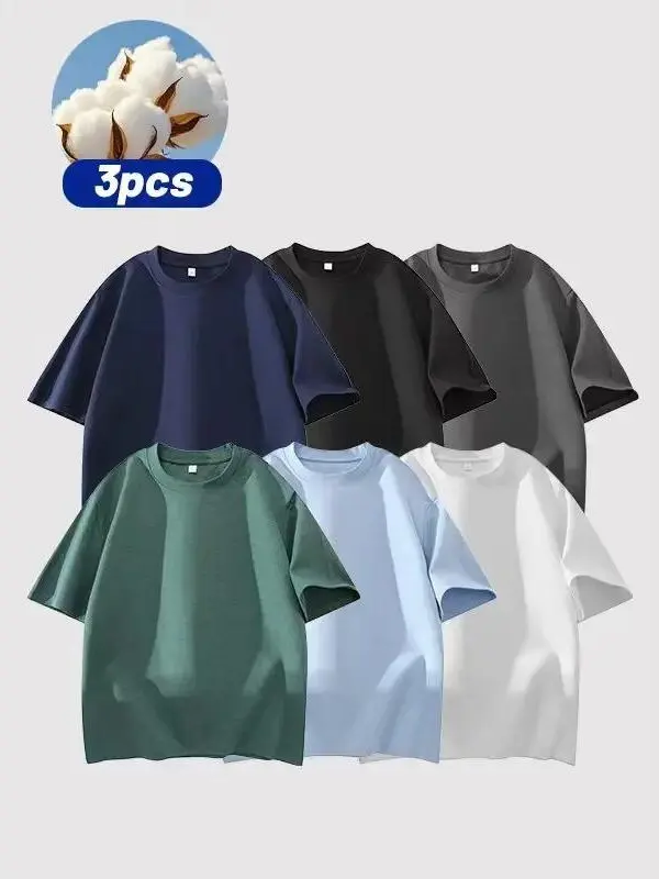 3PCS 100% cotton Crew Neck T-Shirts Set - Soft Loose Fit Navy Gray Black Tees for Casual Daily Wear Crewneck