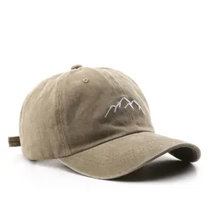 Vintage Washed Distressed Mountain Embroidery Cap - Khaki