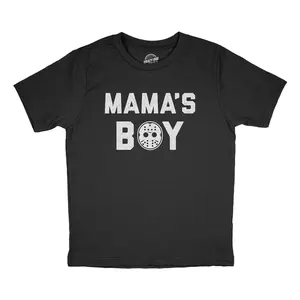 Youth Mama's Boy T Shirt Funny Halloween Horror Movie Hockey Mask Graphic Tee Funny T Shirts Halloween Tops for Kid Funny Movie Short Sleeve Novelty Tees for Kids Black