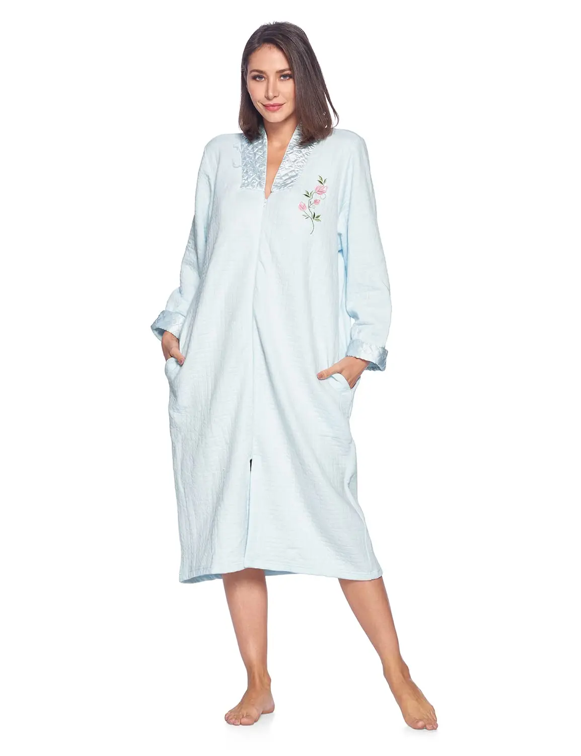 Casual Nights Women's Quilted Duster Robe, Long Sleeve Floral House Coat with Front Zipper and Pockets, Cotton Blend Nightwear