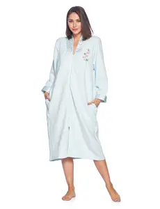 Casual Nights Women's Quilted Duster Robe, Long Sleeve Floral House Coat with Front Zipper and Pockets, Cotton Blend Nightwear
