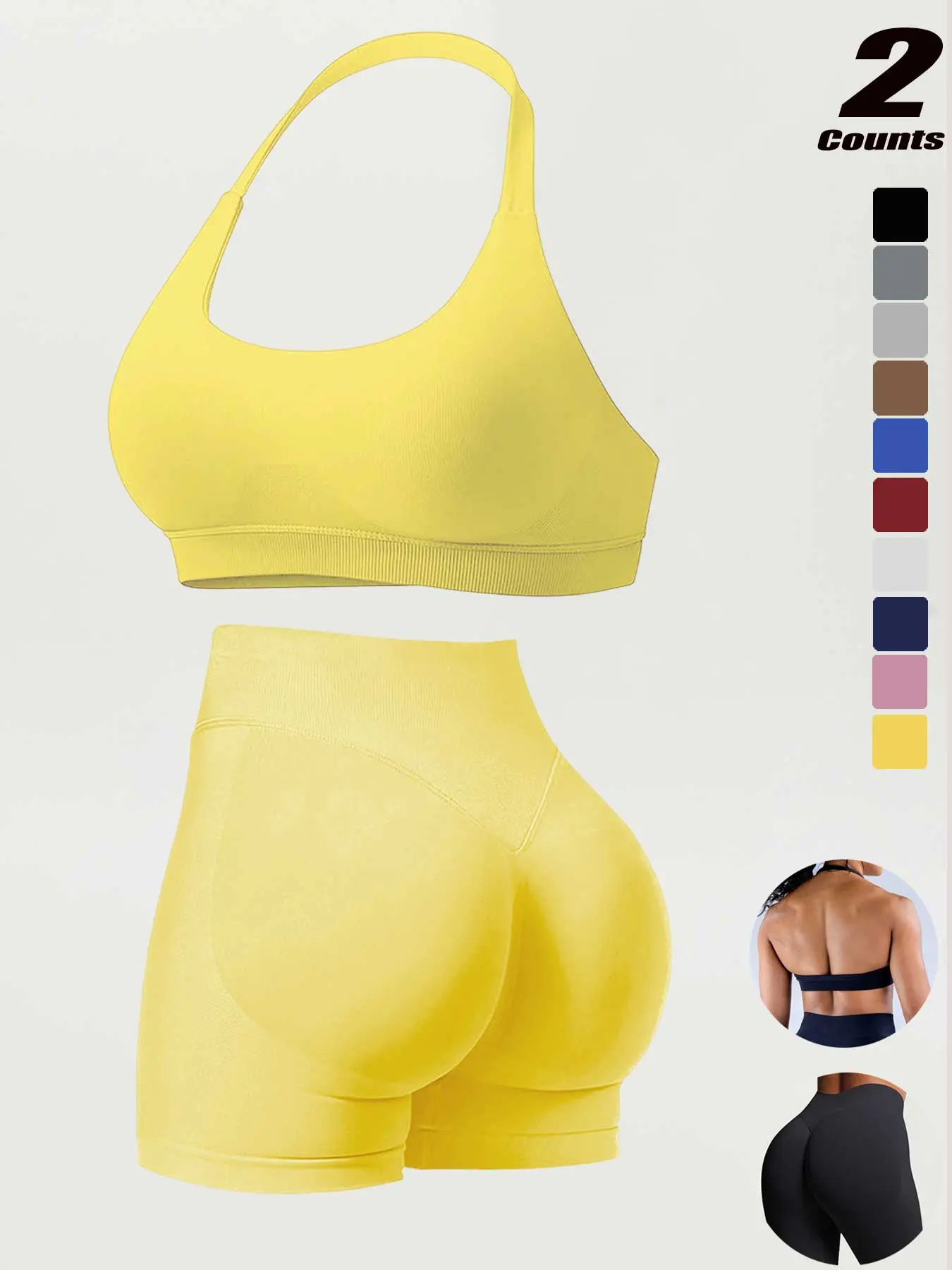 Women's High-Waisted Running Shorts Set, Stretchy Seamless Sports Bra with Removable Pads, Plain Tight-Fit Gym for All Seasons, Fitness Outfits, Sport Activewear, Seamless Sportswear