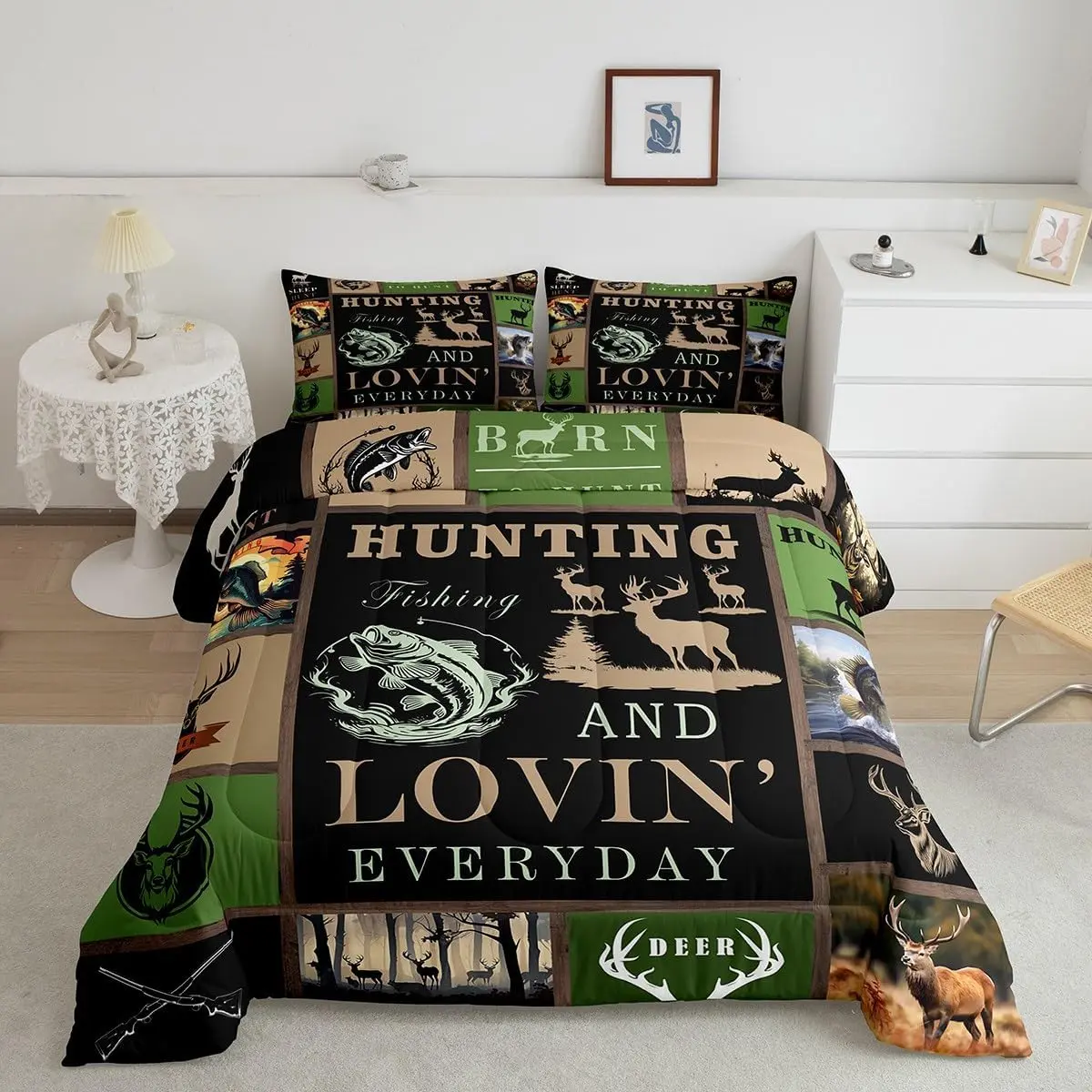 Feelyou Full Size Big Pike Fish & Deer Themed Bedding Set - Super Soft Microfiber Decorative Breathable Duvet Set for Hunting Enthusiasts, Decorative Bedding Set