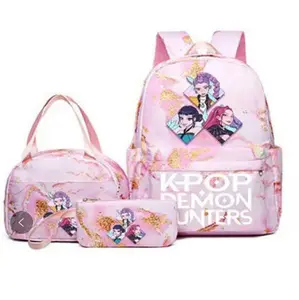 2026 New Kpop Demon Hunter Three-piece Backpack Lunch Bag Pencil Box Set Anime School Bag