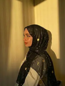 Fashion Moon Star Gold Embroidered Hijab, Hijab Pattern, Soft Comfortable Cotton Scarf, Muslim Daily Wear, Summer Breathable Beach Towel