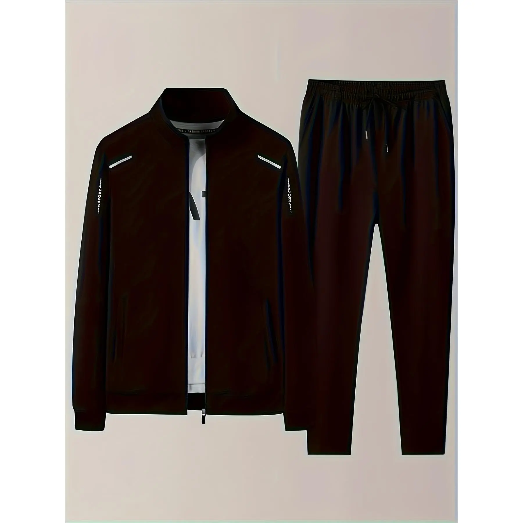 Men's Printed 2-Piece Polyester Tracksuit Set - Lapel Collar Zipper Jacket, Micro Elastic, Regular Sizes, Men's Outfit Sets, Tracksuit Style, Knitting Fabric, Machine Washable, for Outdoor Sports Use