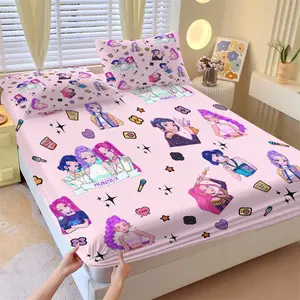 K-Pop Anime Girl Group Fitted Sheet Set, 1 Fitted Sheet and 2 Coreless Pillowcases, Soft Breathable Fabric, Cartoon Characters and Trendy Elements Bedding, Suitable for Bedroom and Dormitory