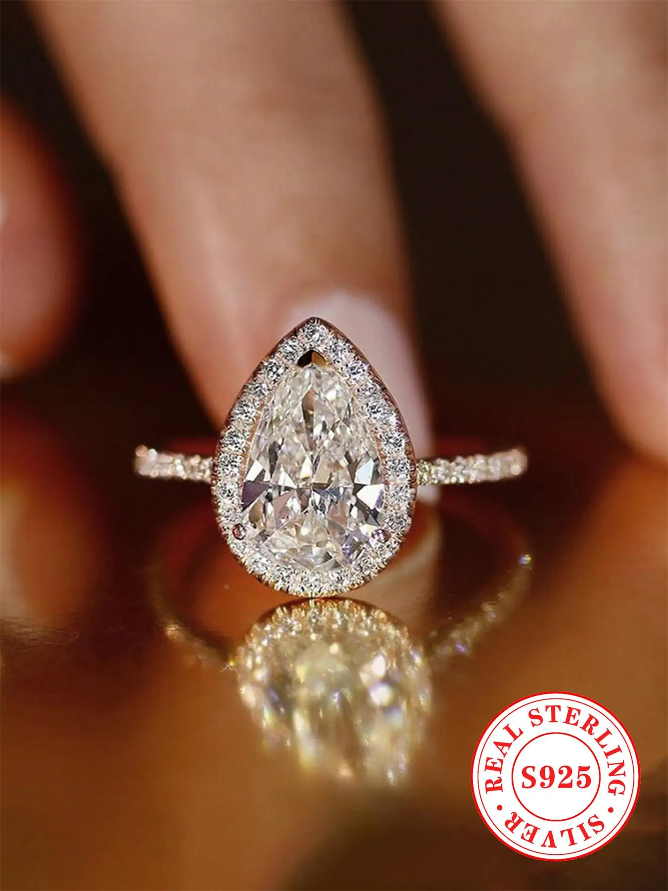 925 Sterling Silver Luxury Water Drop Shaped Artificial Zircon Inlaid Ring, Gorgeous Rhinestone Decor Ring, Fashion Jewelry Accessories for Women, Ele