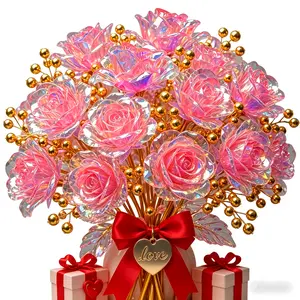 33pcs Set of Golden-Plated Artificial Crystal Eternal Pink Roses with Golden Berries, Iridescent Artificial Decor, Glitter Flowers Bouquet - Maintenance-Free, Suitable for Valentine's Day, Christmas, Mother's Day, Event Parties, Weddings