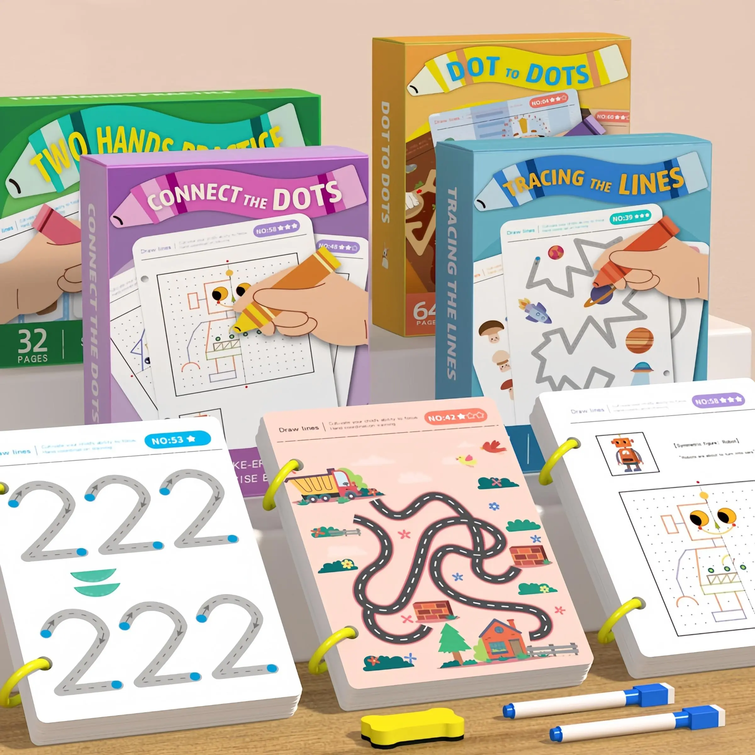Handwriting Practice Card for Kids, Erasable Early Education Tool, Fun Pen Control Training Sticker for Kindergarten, Tracing Preschool Books