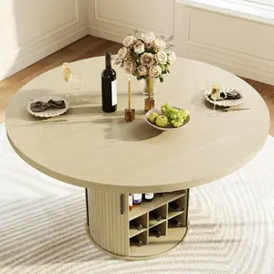 47" Oak Round Dining Table for 4-6 People - Indoor Kitchen Dining Room Furniture with Wood Slide Door, 3-Layer Storage Shelf (Chairs Not Included)