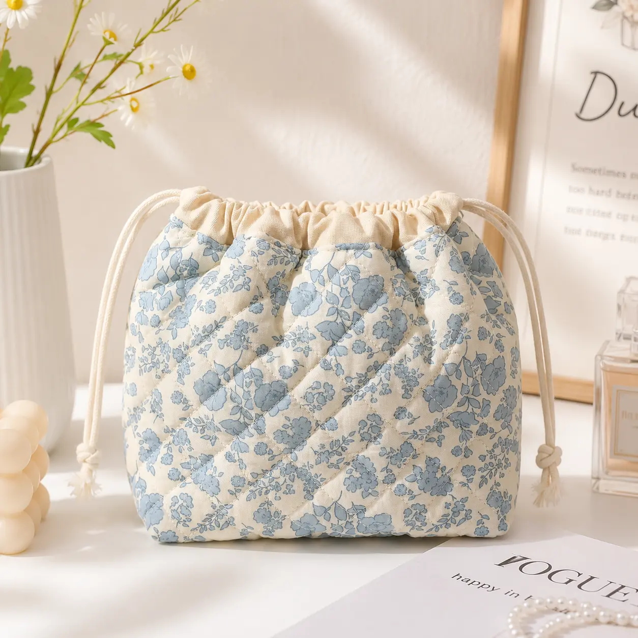 Cottagecore Coquette Aesthetic Quilted Makeup Pouch, Floral Bow Rose Bear Bunny Print Drawstring Cosmetic Bag, Portable Travel Daily Birthday Gift For Teen Girls Best Friends